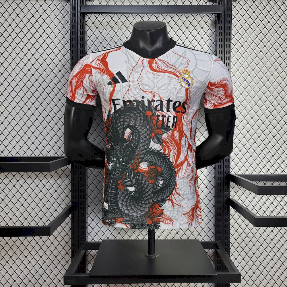 Mens Real Madrid 2025/26 White Black Dragon Jersey Player Version